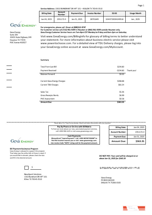 USA Texas Gexa Energy business utility bill template in Word formats PSD template
